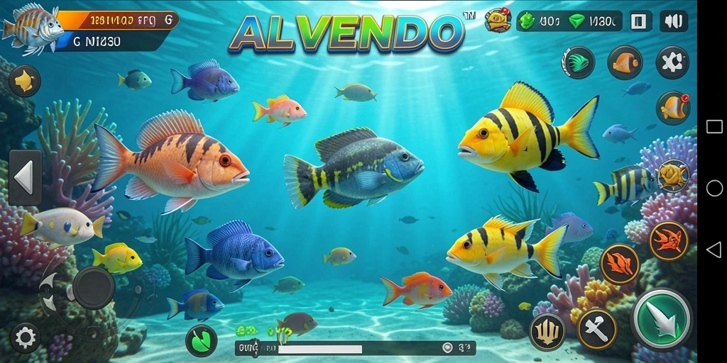 Tampilan gameplay seru dalam ALVENDO dengan ikan berwarna-warni.