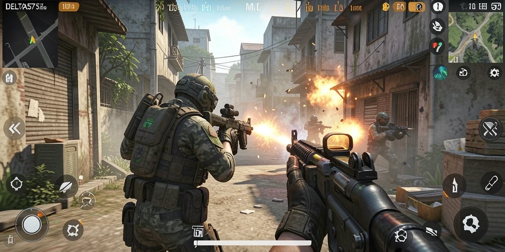Tampilan aksi intens dalam gameplay DELTA575 yang mendebarkan.