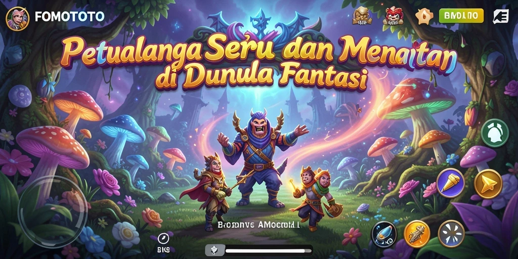Tampilan screenshot FOMOTOTO dengan karakter menjelajahi dunia fantastis.