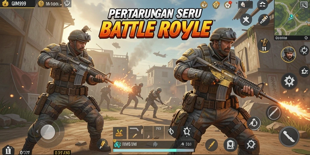 Tangkapan layar permainan GIM999 menunjukkan aksi Battle Royale yang intens.