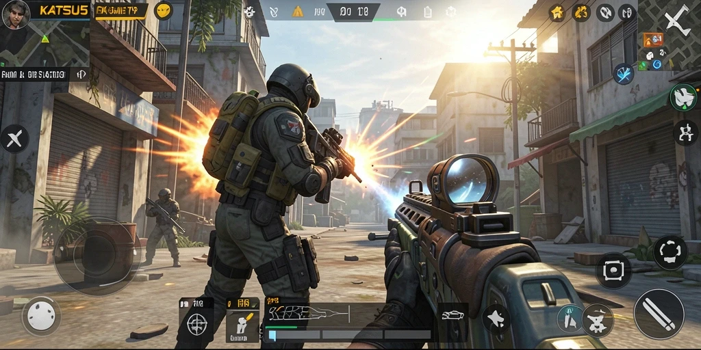Screenshot KATSU5 yang menunjukkan aksi tembak-menembak seru di battlefield.