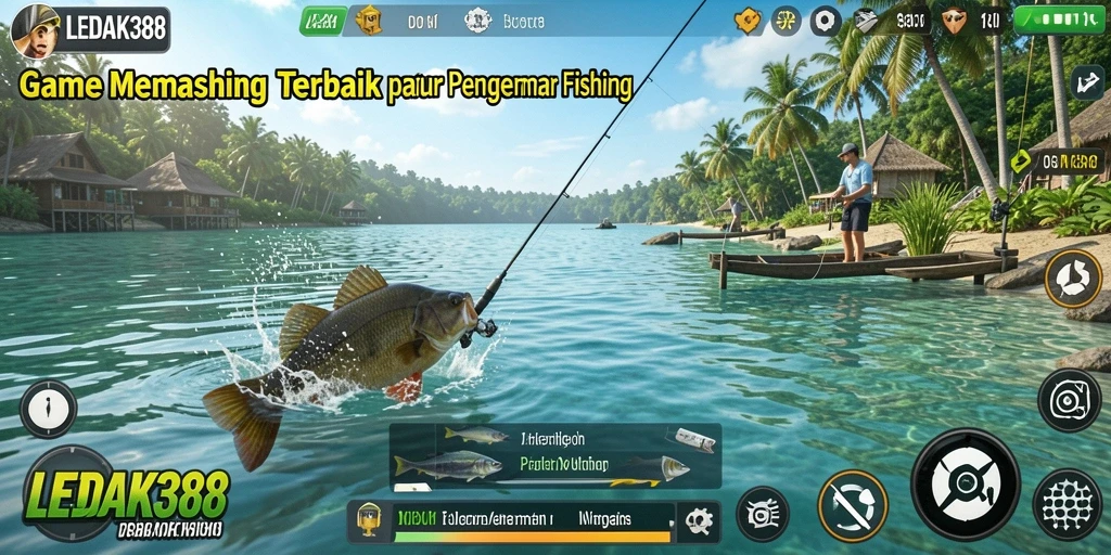 Tampilan gameplay LEDAK388 menampilkan keseruan memancing di alam terbuka.