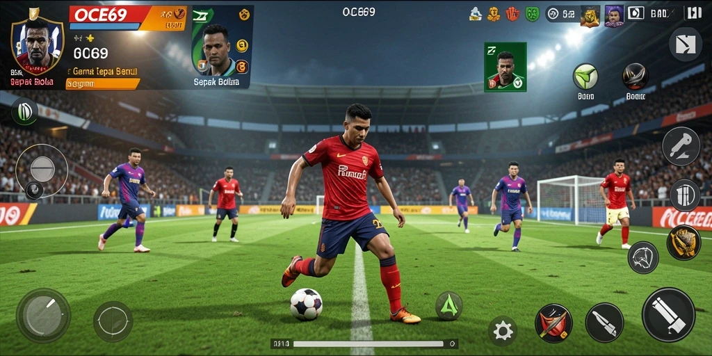 Tampilan gameplay seru dalam OCE69 dengan atmosfer pertandingan sepak bola.