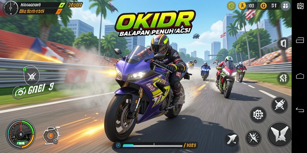 Tangkapan layar gameplay OKIDR yang menampilkan aksi balapan motor yang mendebarkan.