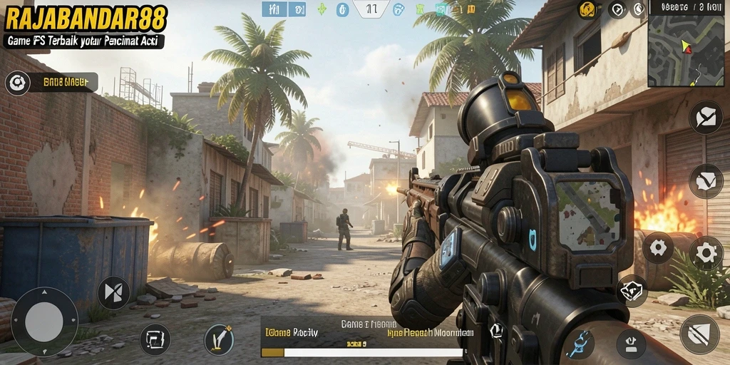 Screenshot utama RAJABANDAR88 menampilkan gameplay mendebarkan dalam pertarungan FPS.